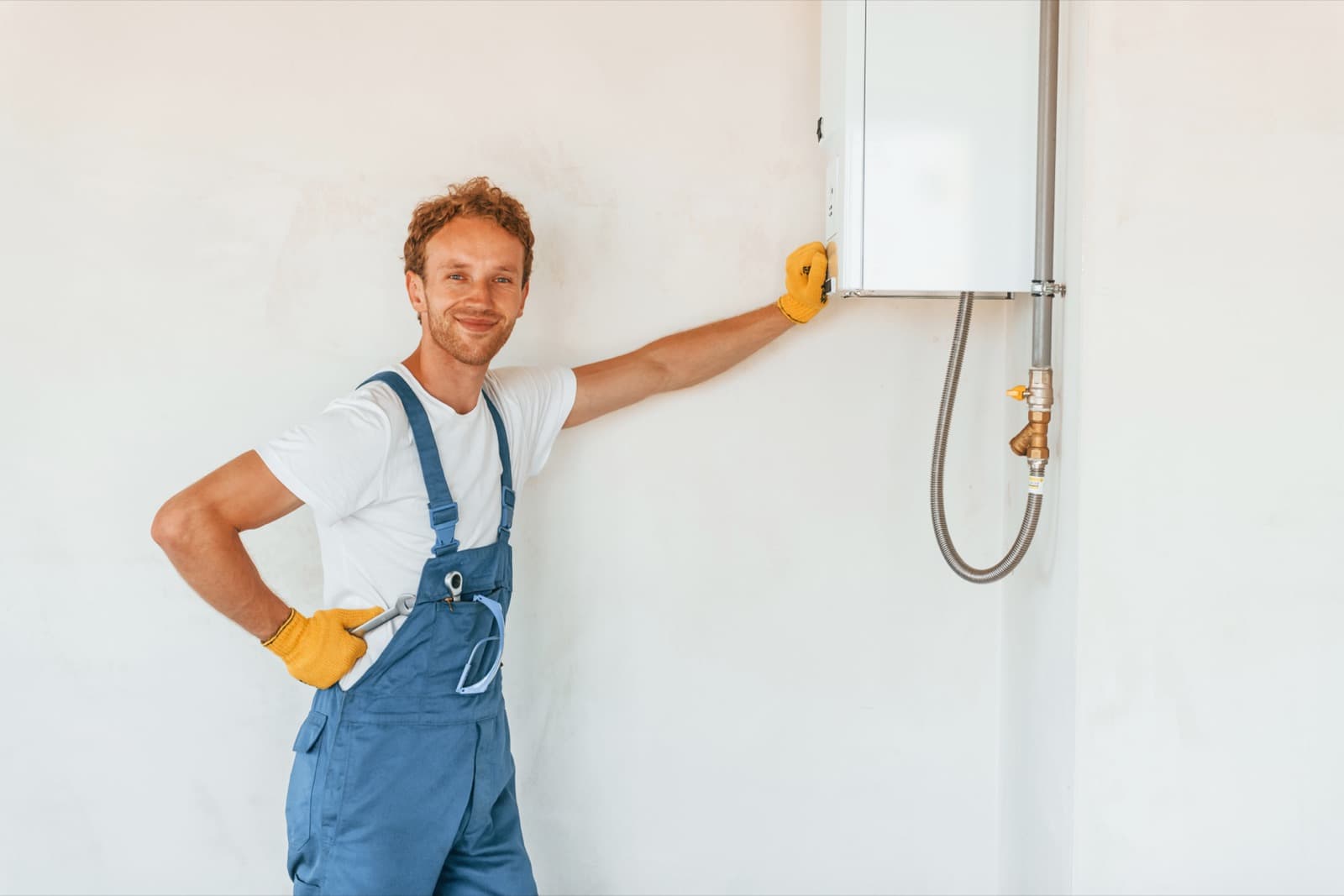 Plumber standing with a newly installed water heater in a Frisco home